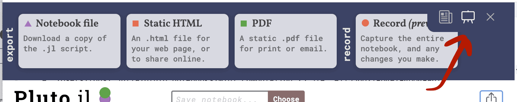 Screenshot of the presentation mode button
